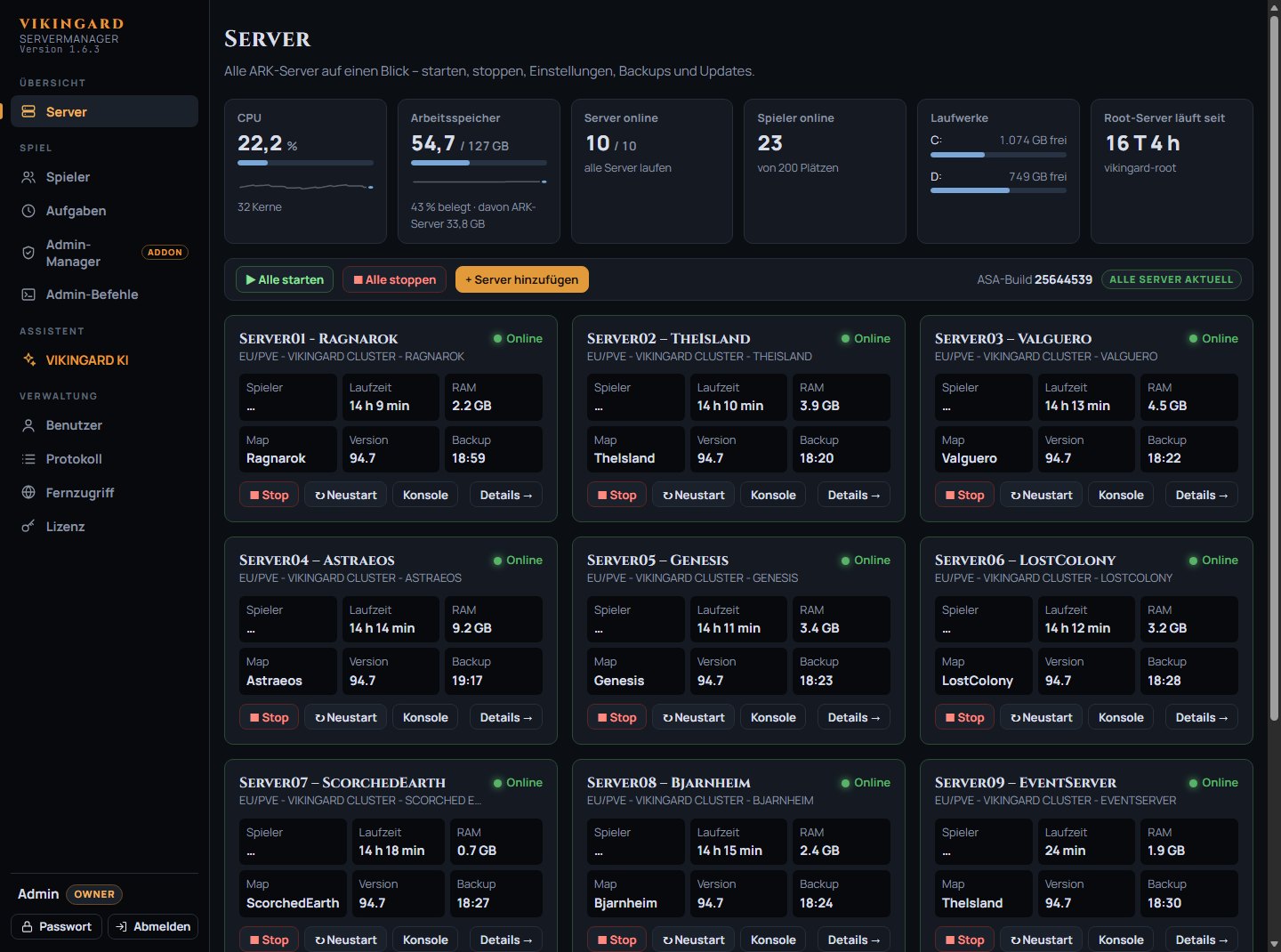 Dashboard des Vikingard ARK ServerManagers